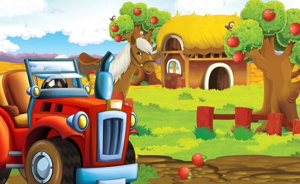 卡通快乐和阳光明媚的农场场景与拖拉机和农场动物不同的任务 插图为儿童 — 图库照片