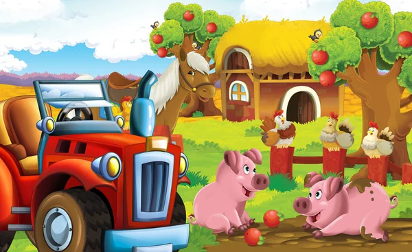 cartoon happy and sunny farm scene with tractor and farm animals for different tasks - illustration for children