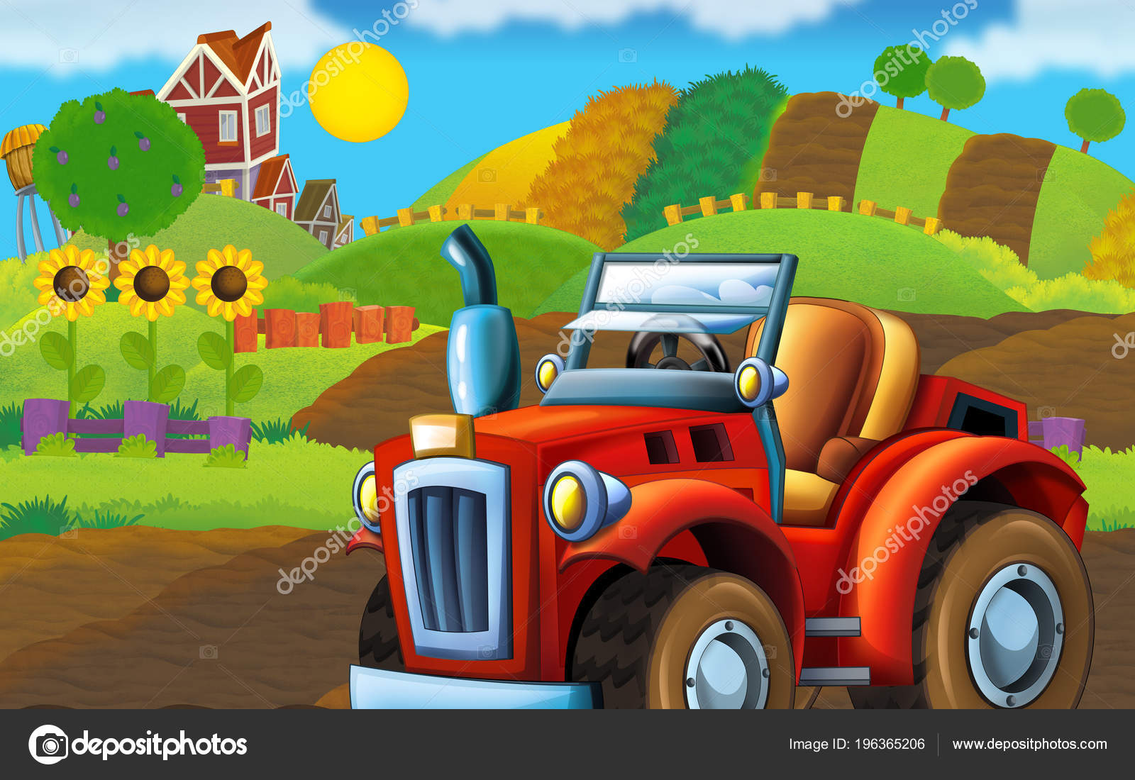 Cartoon Happy Sunny Farm Scene Tractor Different Tasks Illustration  Children Stock Photo by ©illustrator_hft 196365206