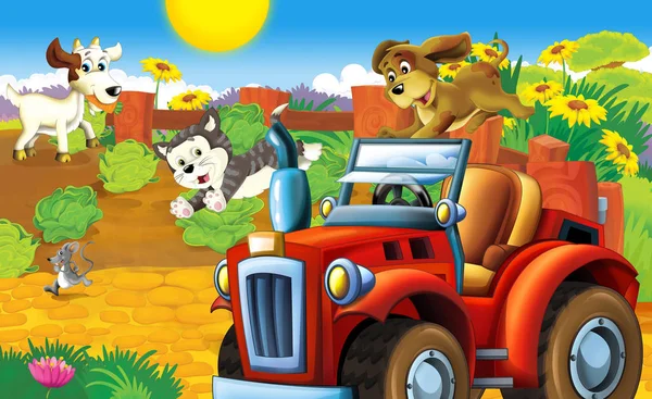 cartoon happy and sunny farm scene with tractor and farm animals for different tasks - illustration for children