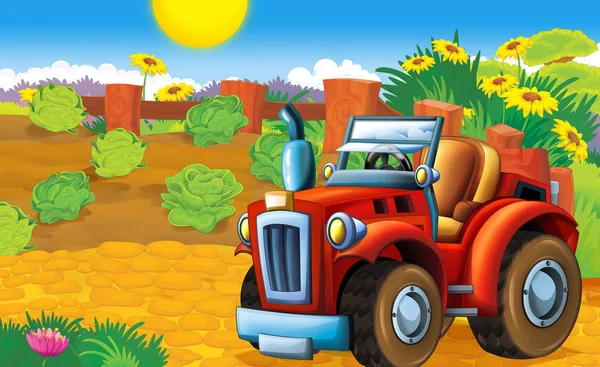 卡通快乐和阳光明媚的农场场景与拖拉机和农场动物不同的任务 插图为儿童 — 图库照片