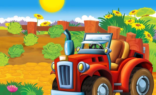 Cartoon Happy Sunny Farm Scene Tractor Farm Animals Different Tasks — Stock Photo, Image