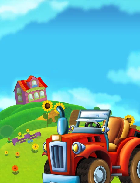 cartoon happy and sunny farm scene with tractor and farm animals for different tasks - illustration for children