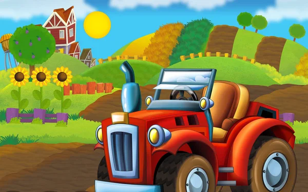 Dessin Animé Scène Ferme Heureuse Ensoleillée Avec Tracteur Pour Différentes — Photo