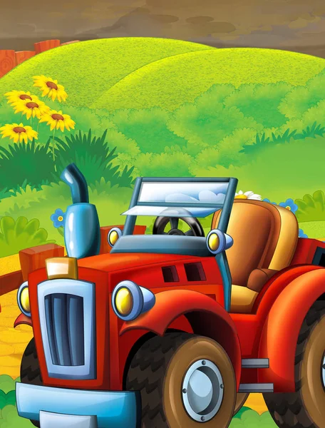 cartoon happy and sunny farm scene with tractor for different tasks - illustration for children