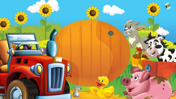 Kreslená Šťastná Prosluněná Zemědělská Scéna Traktorem Pro Různé Úkoly Ilustrace — Stock fotografie
