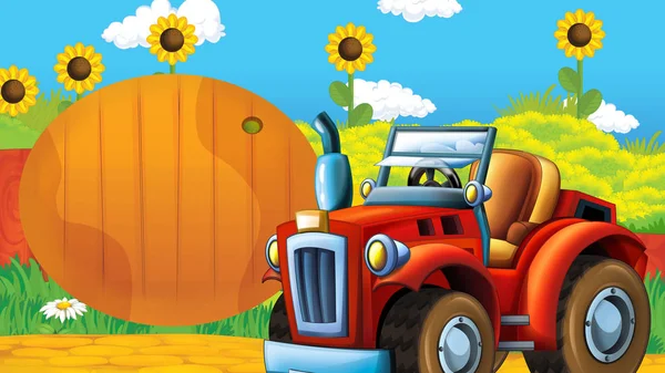 cartoon happy and sunny farm scene with tractor for different tasks - illustration for children