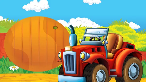 cartoon happy and sunny farm scene with tractor for different tasks - illustration for children