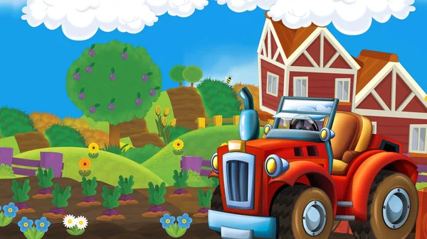 Kreslená Šťastná Prosluněná Zemědělská Scéna Traktorem Pro Různé Použití Ilustrace — Stock fotografie
