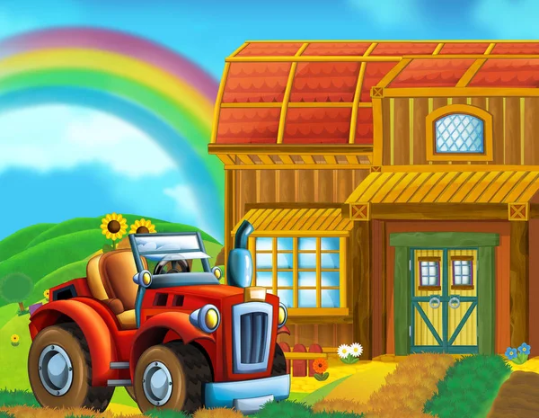 Cartoon Happy Sunny Farm Scene Tractor Different Tasks Illustration Children — Stock Photo, Image