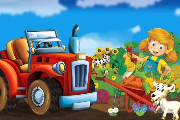 Dibujos Animados Feliz Soleado Granja Escena Con Tractor Para Diferentes — Foto de Stock