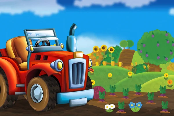 卡通快乐和阳光明媚的农场场景与拖拉机为不同的用途 例证为孩子 — 图库照片