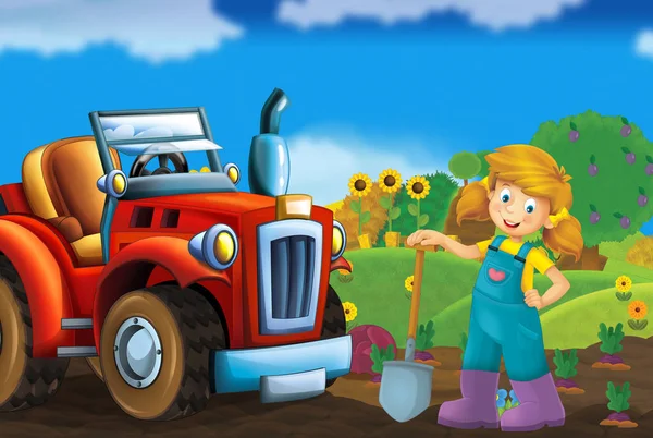 Dibujos Animados Feliz Soleado Granja Escena Con Tractor Para Diferentes — Foto de Stock