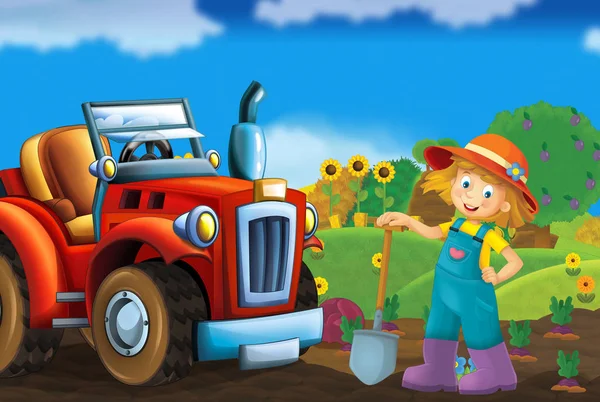 Cartoon Happy Sunny Farm Scene Met Trekker Voor Verschillende Gebruik — Stockfoto