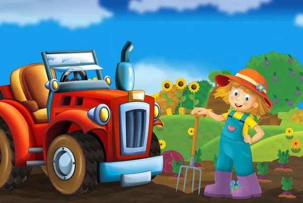 Karikatúra Boldog Napos Mezőgazdasági Jelenet Traktor Különböző Használati Illusztráció Gyerekeknek — Stock Fotó