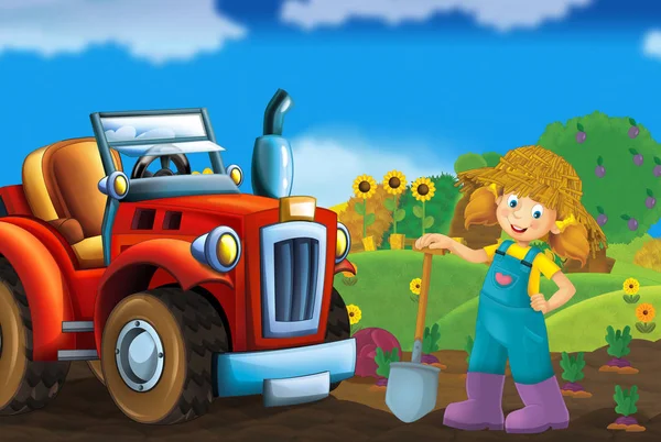 Cartoon Happy Sunny Farm Scene Met Trekker Voor Verschillende Gebruik — Stockfoto