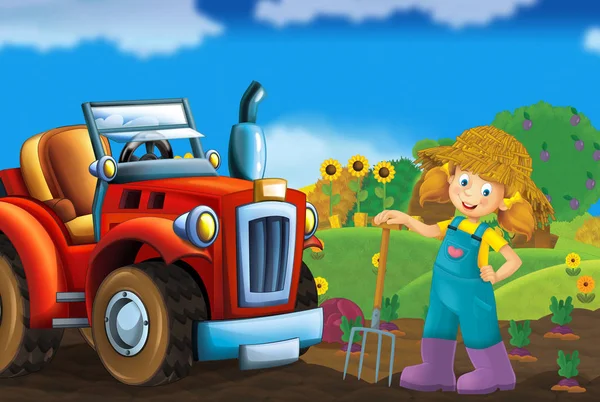 Cartoon Fröhliche Und Sonnige Bauernhofszene Mit Traktor Für Verschiedene Einsatzzwecke — Stockfoto