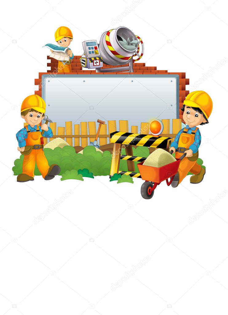 cartoon scene with banner - construction site elements and workers - illustration for children