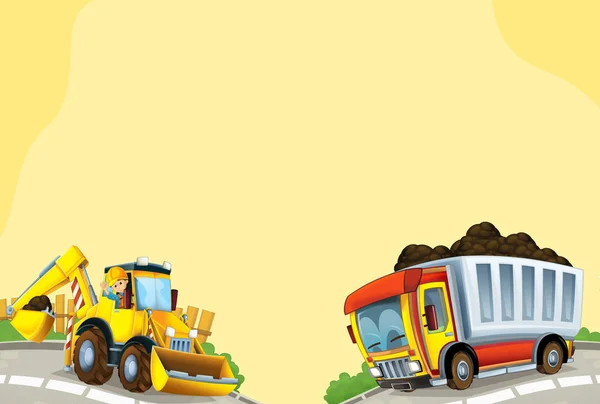 Cartoon Scène Met Industrie Voertuigen Graafmachine Vrachtwagen Illustratie Voor Kinderen — Stockfoto