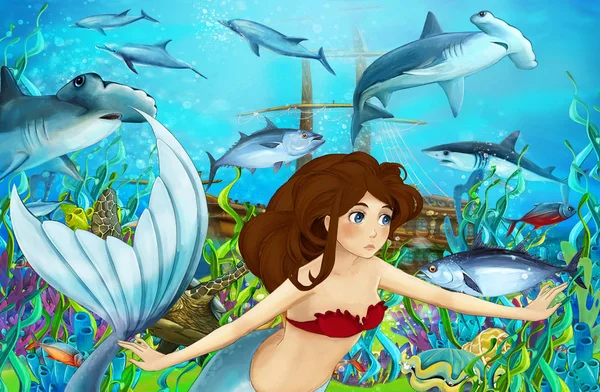 沈没船 子供のための図の近くにダイビング人魚の漫画シーン — ストック写真