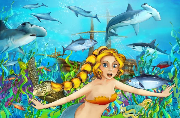 动画片场面与美人鱼潜水在下沉的船附近 例证为孩子 — 图库照片