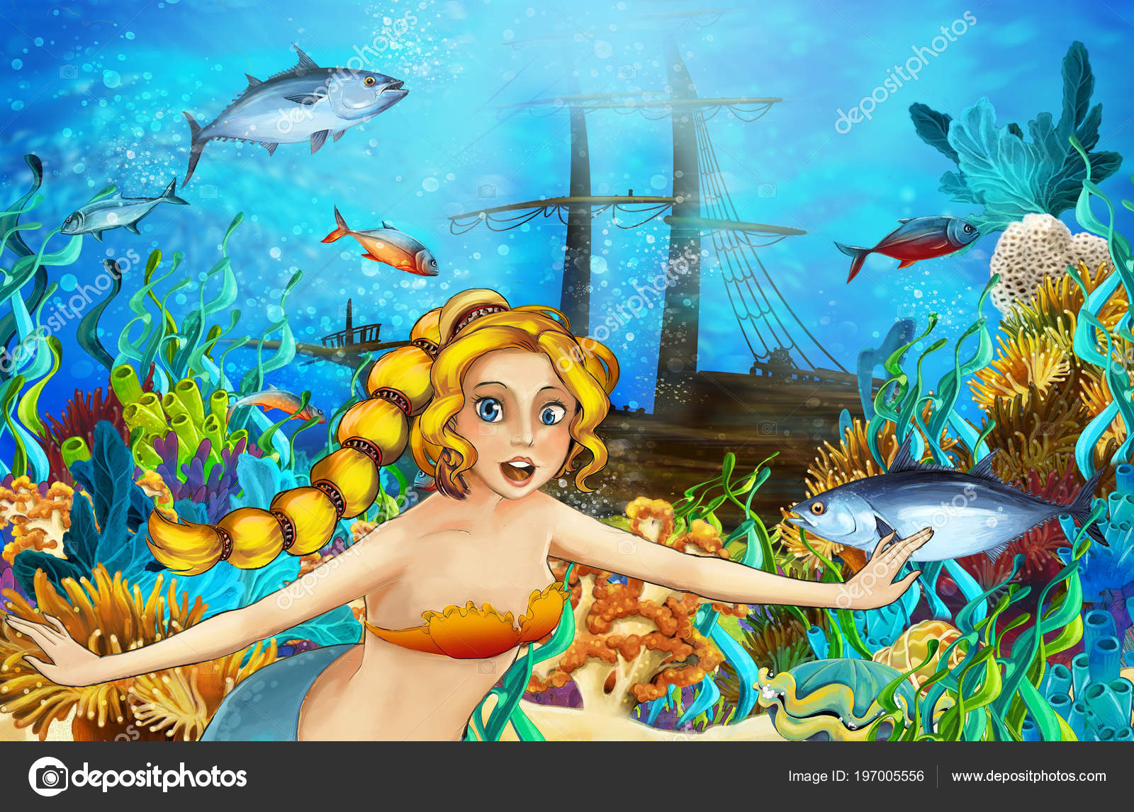 Cartoon Scene Mermaid Diving Sunken Ship Illustration