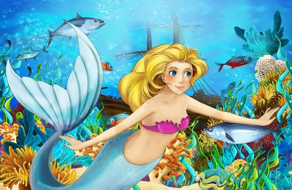 动画片场面与美人鱼潜水在下沉的船附近 例证为孩子 — 图库照片