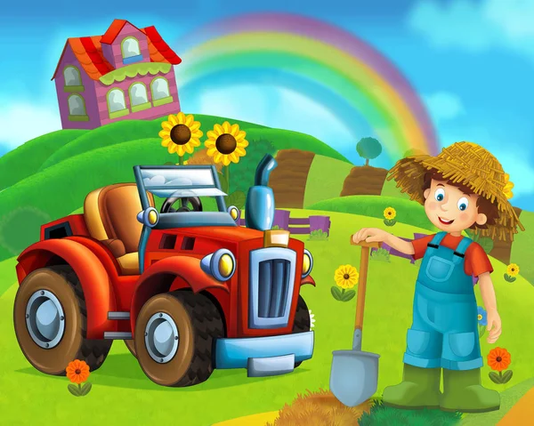 Cartoon Scene Happy Young Child Farm Tractor Different Tasks Illustration — Stock Photo, Image