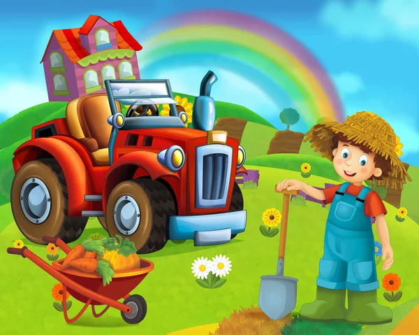 Cartoon Scene Happy Young Child Farm Tractor Different Tasks Illustration — Stock Photo, Image