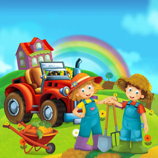 Farklı Görevler Traktöre Ile Çiftlikte Mutlu Çocuklu Sahne Çocuklar Için — Stok fotoğraf