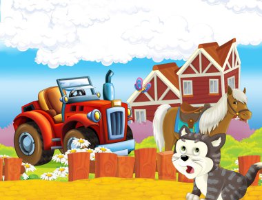 farklı kullanım için traktör ile karikatür mutlu nad güneşli çiftlik sahnesi - çocuklar için illüstrasyon