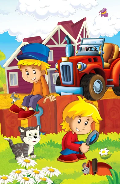 Cartoon Happy Nad Sunny Farm Scen Med Traktor För Olika — Stockfoto