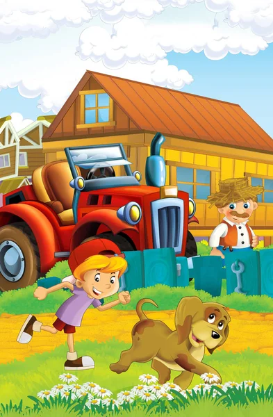 卡通快乐 Nad 阳光明媚 的农场场景与拖拉机不同的用途 插图为儿童 — 图库照片