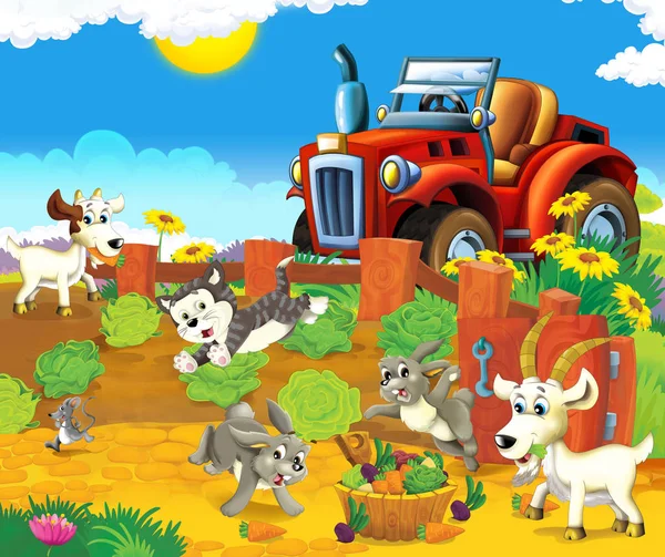 Karikatúra Boldog Nad Sunny Farm Jelenet Traktor Különböző Használati Illusztráció — Stock Fotó