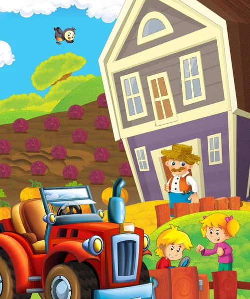 Cartoon Happy Nad Sunny Farm Scene Met Tractor Voor Verschillend — Stockfoto