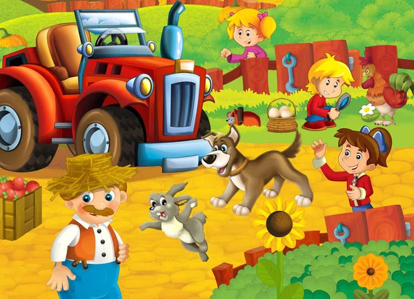 Cartoon Happy Nad Sunny Farm Scene Tractor Different Usage Illustration — Stock Photo, Image