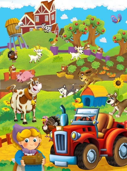 Dibujos Animados Feliz Nad Soleado Granja Escena Con Tractor Para — Foto de Stock