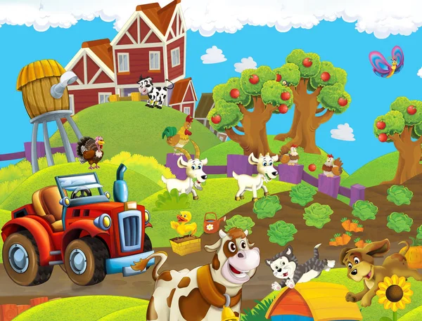 Cartoon Happy Nad Sunny Farm Scen Med Traktor För Olika — Stockfoto