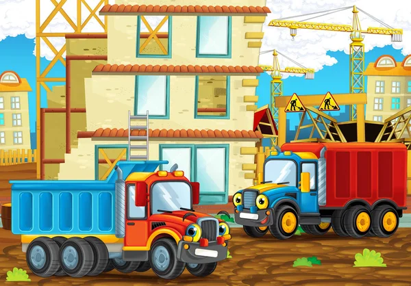 Cartoon Scène Met Gelukkig Industrie Auto Bouwplaats Illustratie Voor Kinderen — Stockfoto