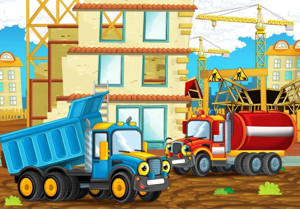 动画片场面与愉快的工业汽车在建筑工地 例证为孩子 — 图库照片