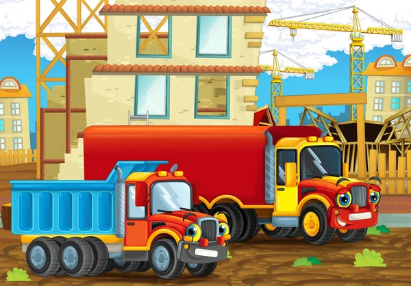 Escena Dibujos Animados Con Coches Industria Feliz Sitio Construcción Ilustración — Foto de Stock