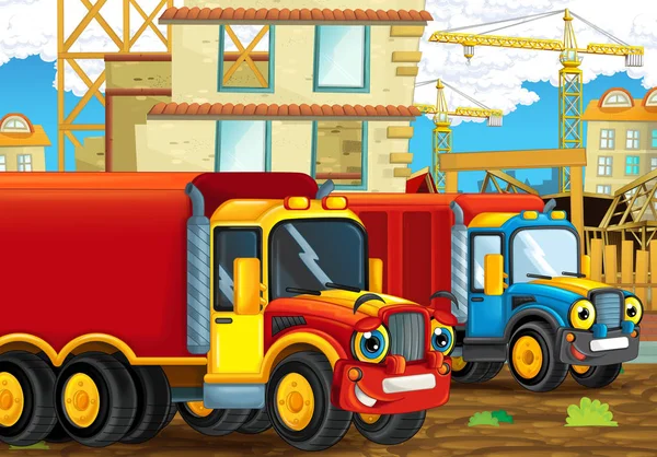 cartoon scene with happy industry cars on the construction site - illustration for children