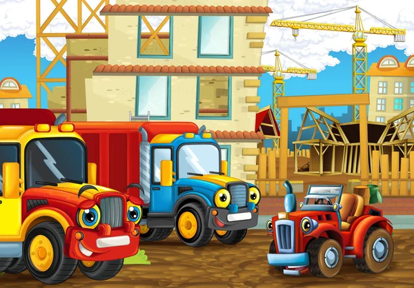 Cartoon Scene Happy Industry Cars Construction Site Illustration Children — Stock Photo, Image