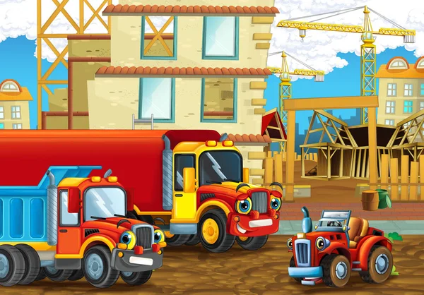 Cartoon Scene Happy Industry Cars Construction Site Illustration Children — Stock Photo, Image