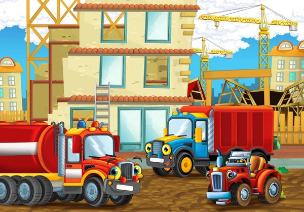 Cartoon Scène Met Gelukkig Industrie Auto Bouwplaats Illustratie Voor Kinderen — Stockfoto