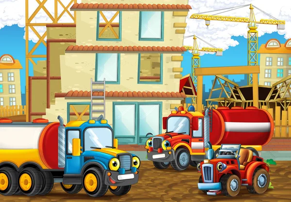 cartoon scene with happy industry cars on the construction site - illustration for children