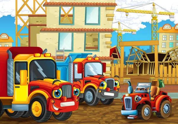 Kreskówka Scena Happy Przemysł Samochody Budowie Ilustracja Dla Dzieci — Zdjęcie stockowe
