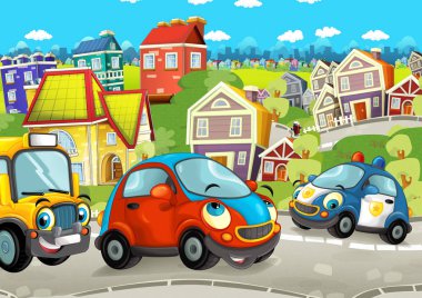 şehirde sürüş sokakta mutlu araçlar ile karikatür sahnesi - çocuklar için illüstrasyon