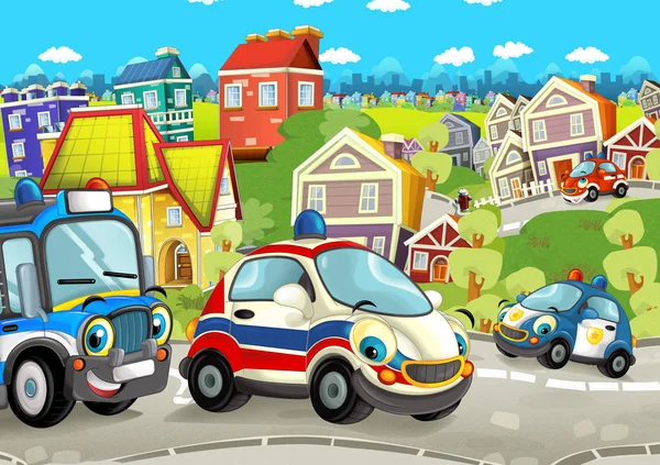 Zeichentrickszene Mit Fröhlichen Fahrzeugen Auf Der Straße Die Durch Die — Stockfoto