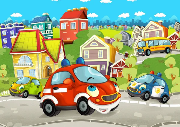 Мультфильм Сцены Счастливыми Автомобилями Улице Проходящей Через Город Иллюстрация Детей — стоковое фото